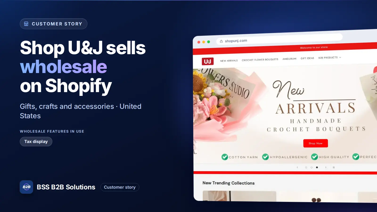 Browser window showing the merchant storefront, Shop U&J sells wholesale on Shopify. Cover for: Shop U&J: How a US Gift Brand Keeps Its Wholesale Catalog Behind Login