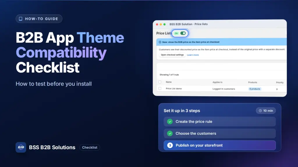Admin-Price-List von BSS B2B Solution mit einer Checkliste in drei Schritten. Titelbild für: Checkliste zur Theme-Kompatibilität für Shopify-B2B-Apps: So testen Sie vor der Installation