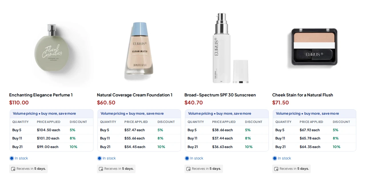 Shopify collection page where each product card shows its own volume pricing table with three tiers