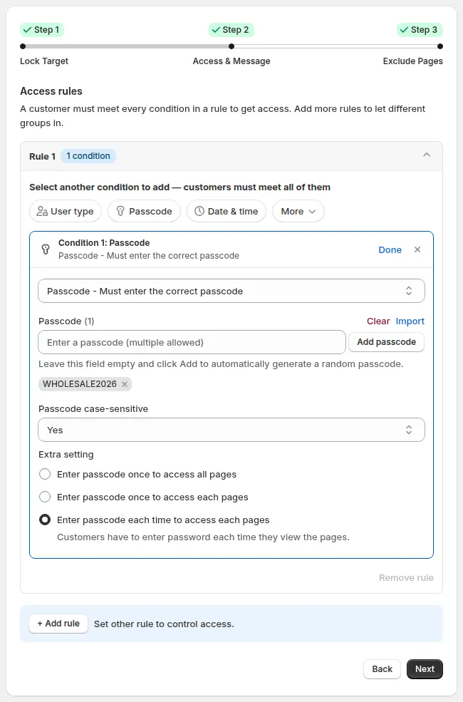 BSS B2B Lock passcode condition for a page lock