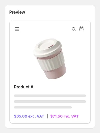 Preview card showing a sample product with the price excluding tax and the price including tax