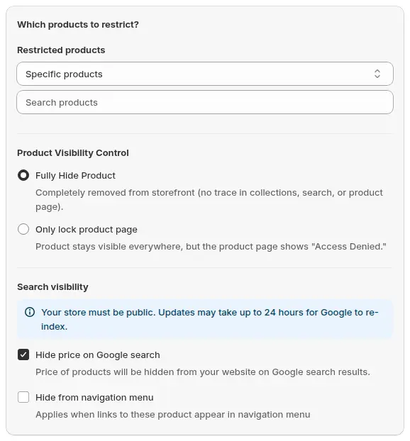 BSS B2B Lock Products target with Specific products selected and Product Visibility Control set to Fully Hide Product