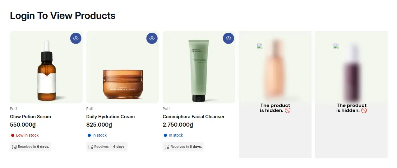 Storefront collection for a guest where restricted products show a The product is hidden tile
