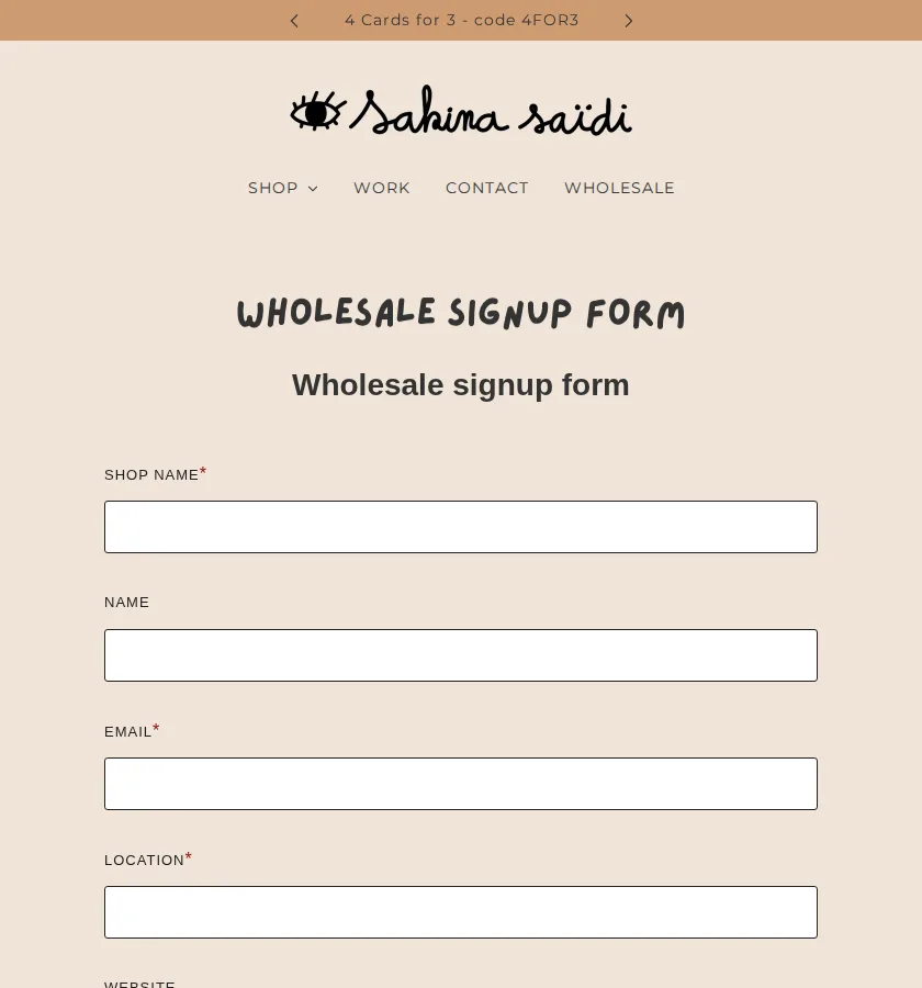 heyimsakina wholesale signup form with shop name, name, email and location fields