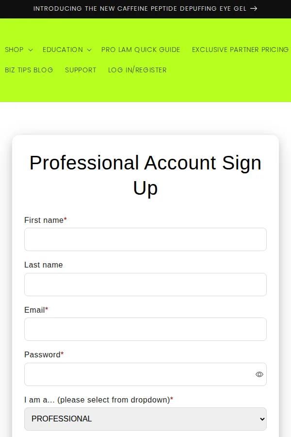 Brow Down Studio Pro professional account sign up form with a professional or student choice and a license field