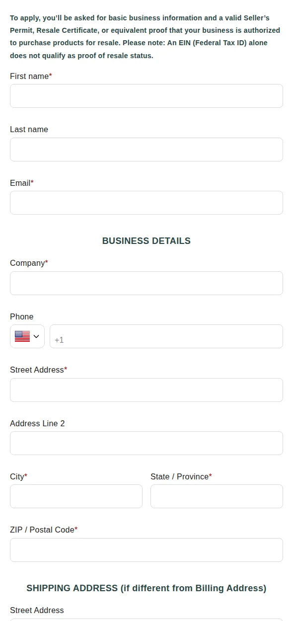 Top of the wholesale application form with a note that applicants need a seller's permit or resale certificate, then contact and business fields