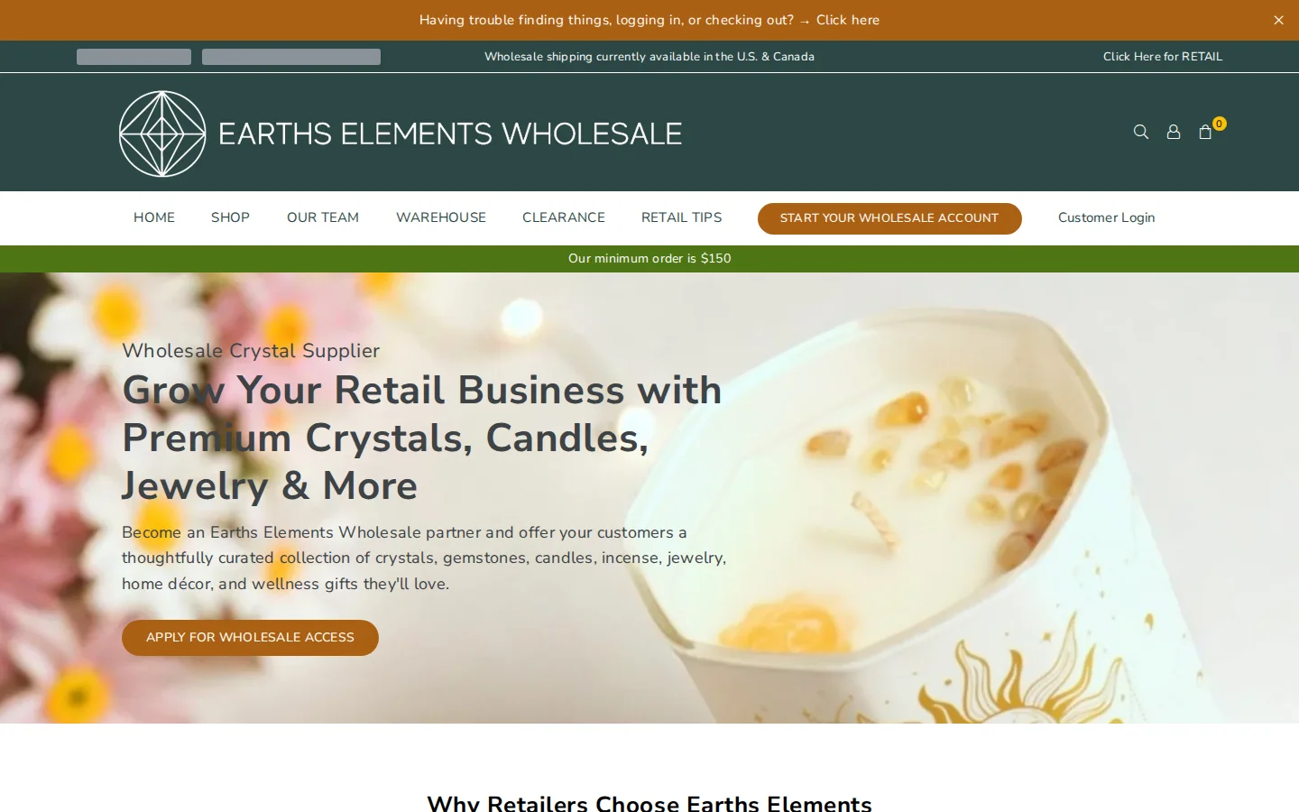 Wholesale application page with the headline Grow Your Retail Business with Premium Crystals, Candles, Jewelry and More