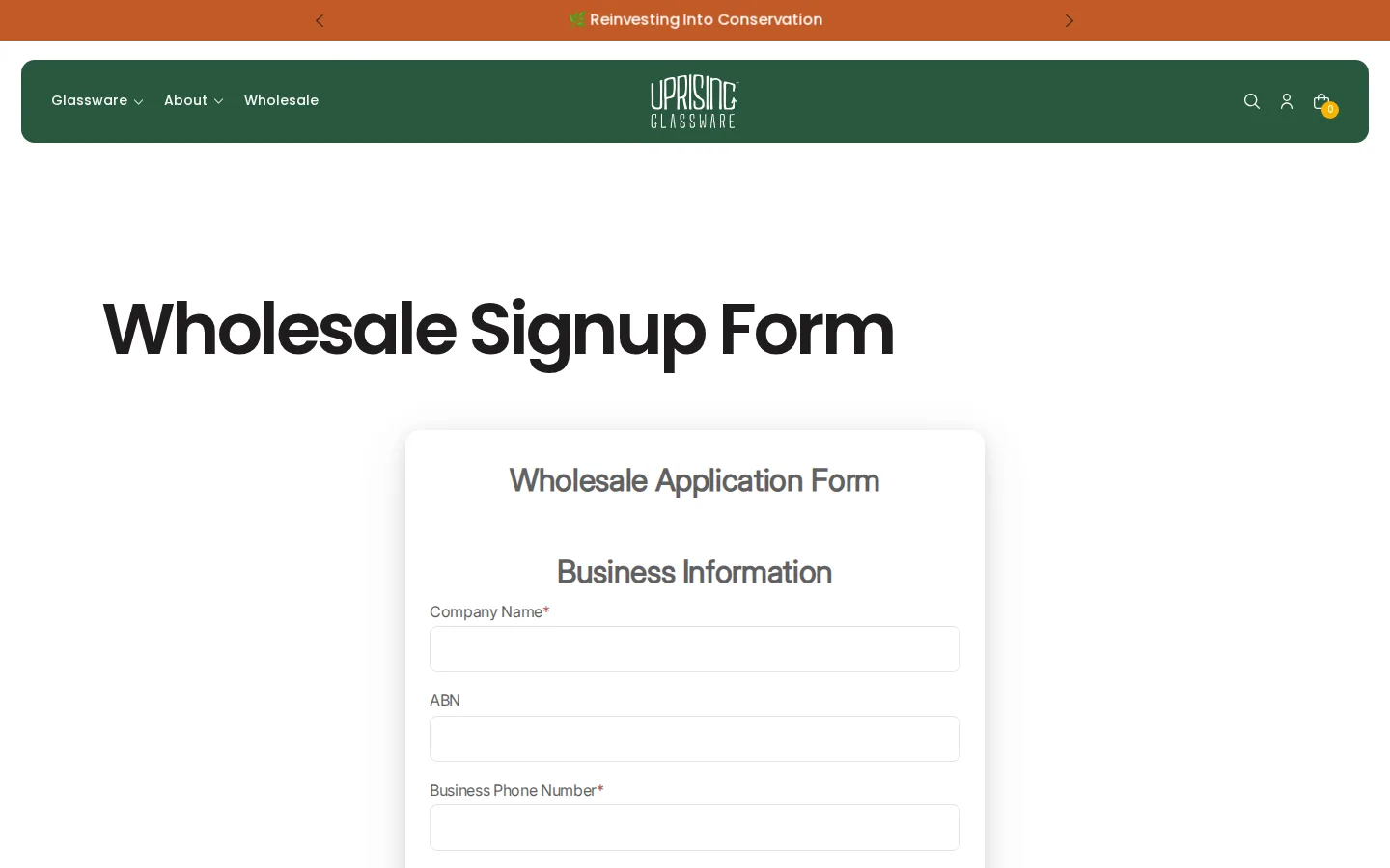 Uprising Glassware wholesale application form with company name, ABN and business phone fields