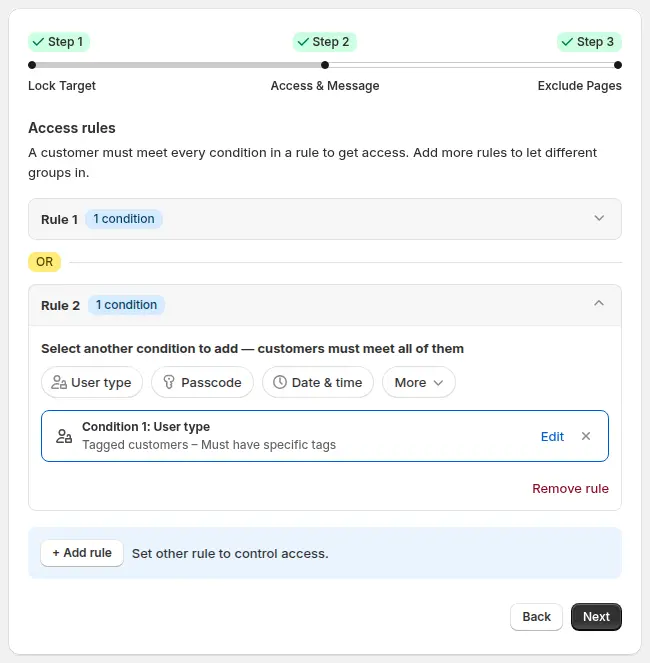 BSS B2B Lock Access & Message with two rules joined by an OR pill so a second tag can also get in
