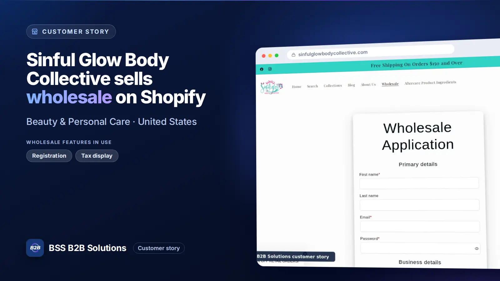 Browser window showing the merchant storefront, Sinful Glow Body Collective sells wholesale on Shopify. Cover for: Sinful Glow Body Collective: How a US body-care brand sells wholesale on Shopify