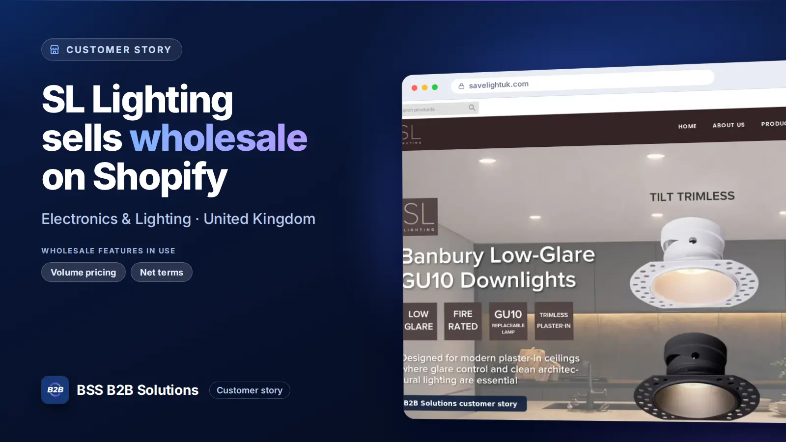 Browser window showing the merchant storefront, SL Lighting sells wholesale on Shopify. Cover for: SL Lighting: How a UK LED lighting supplier sells trade-only prices on Shopify