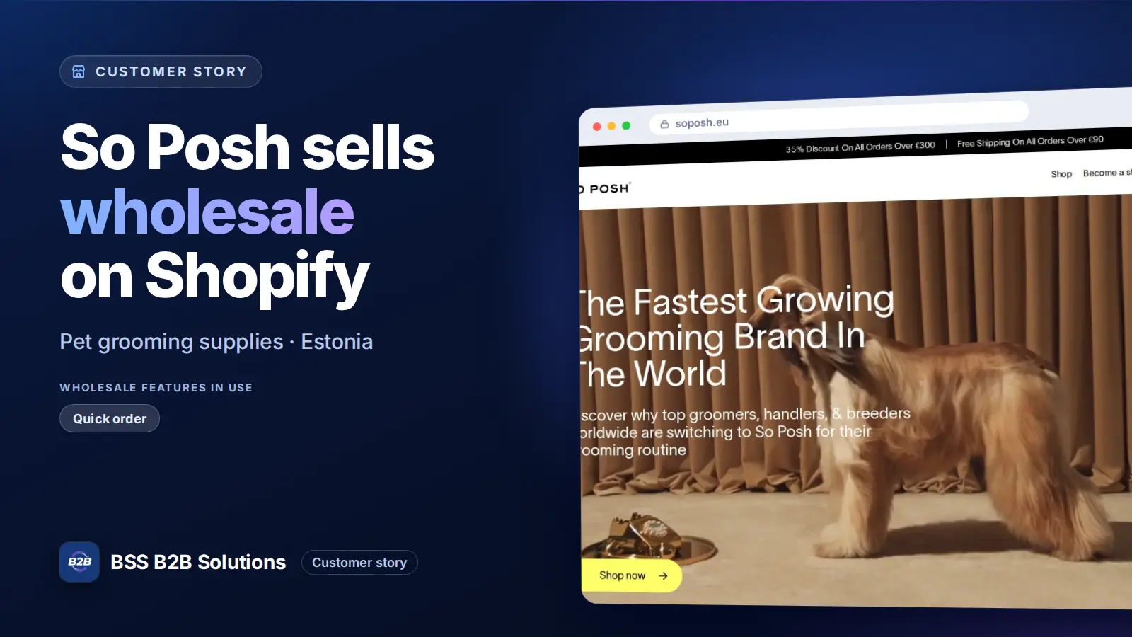 Browser window showing the merchant storefront, So Posh sells wholesale on Shopify. Cover for: So Posh: How a Pet Grooming Brand Sells to Stockists on Shopify