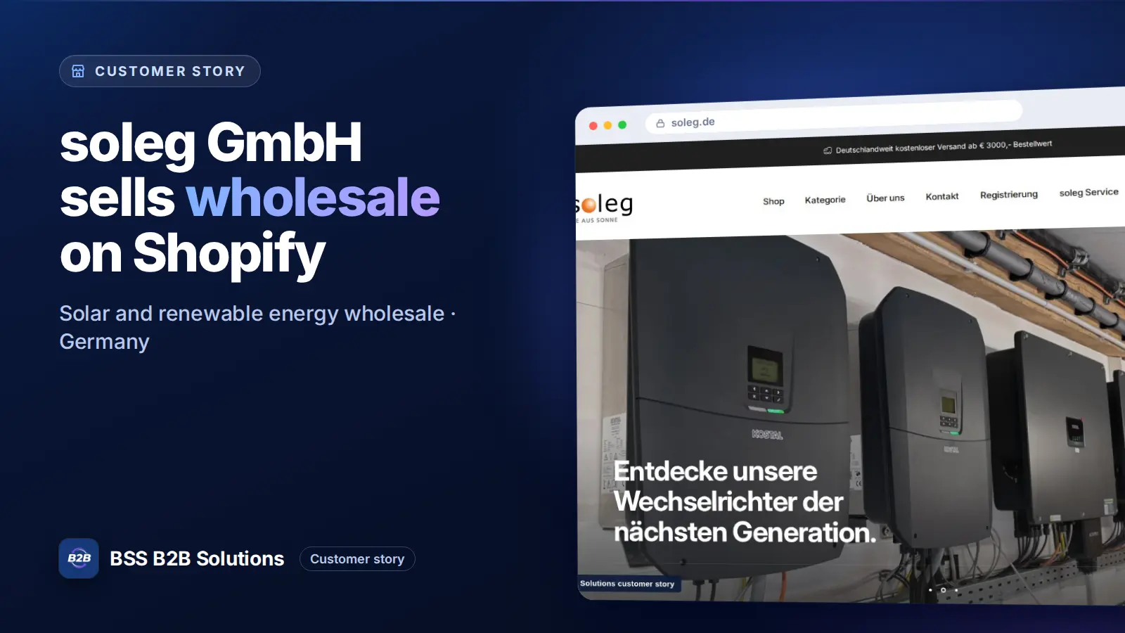 Browser window showing the merchant storefront, soleg GmbH sells wholesale on Shopify. Cover for: soleg: How a German Solar Wholesaler Runs a Trade-Only Shop on Shopify