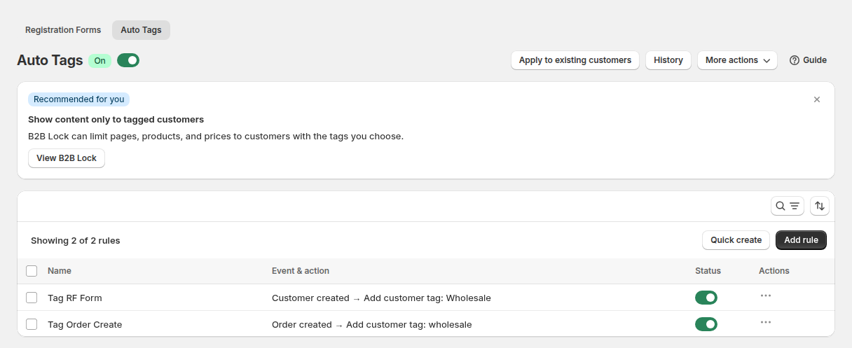 BSS B2B Solution Auto Tags screen with two rules that add a Wholesale tag