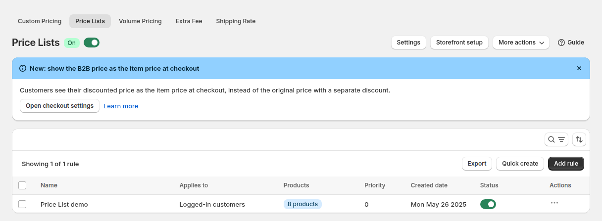 BSS B2B Solution Price Lists screen with a demo price list rule