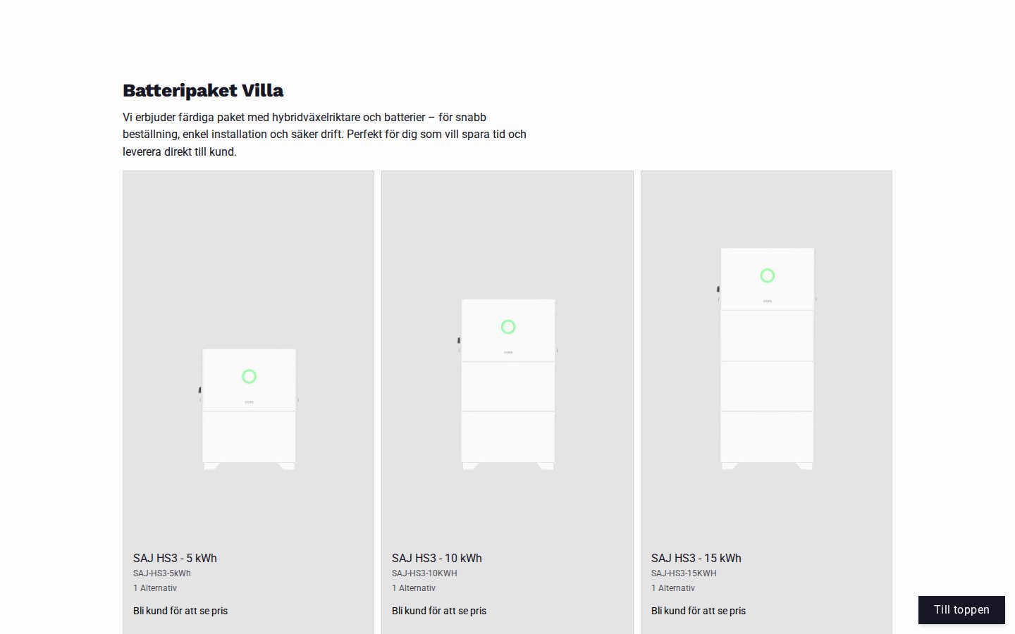 Stakk home page battery package section where each product card says Bli kund for att se pris instead of a price