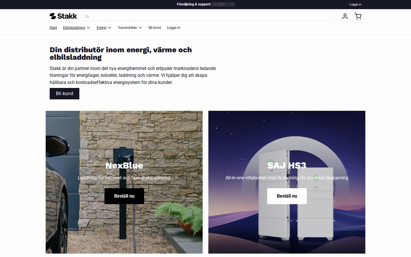 Stakk home page in Swedish with the headline Din distributor inom energi, varme och elbilsladdning and a Bli kund button