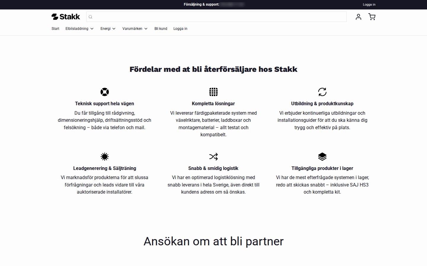 Stakk Bli partner page with six benefits of becoming a reseller