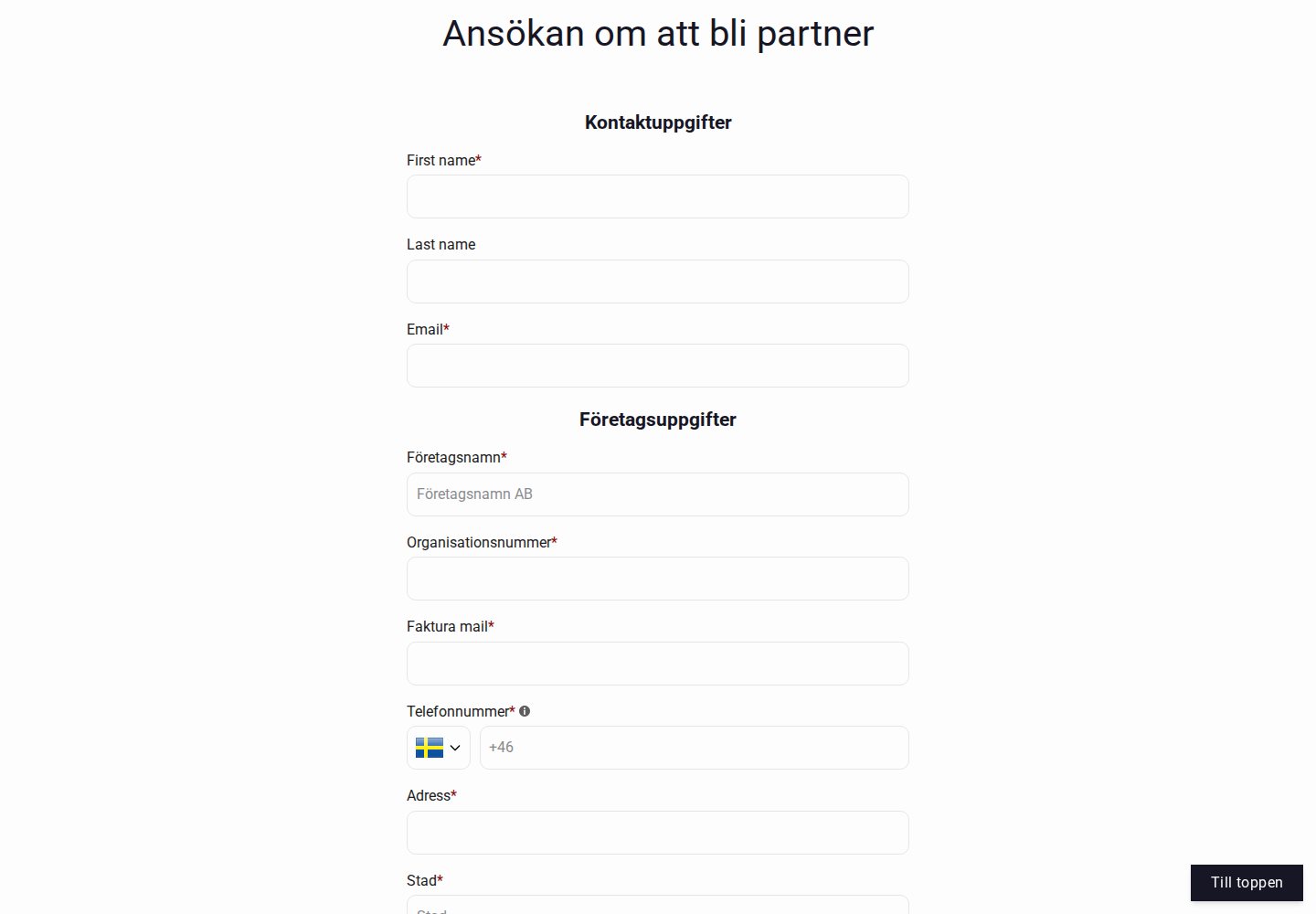 Stakk partner application form with contact details and company details such as organization number