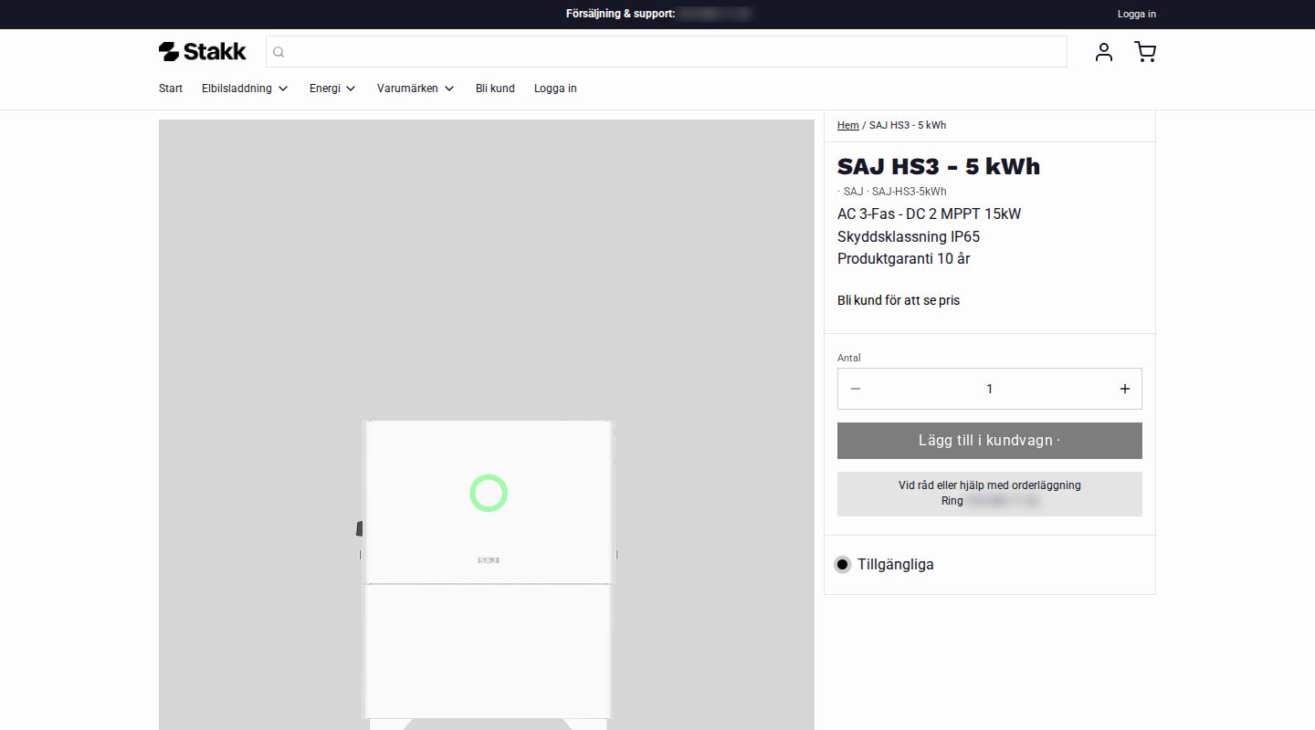 Stakk product page for a SAJ HS3 5 kWh battery where the price is replaced by a message to become a customer