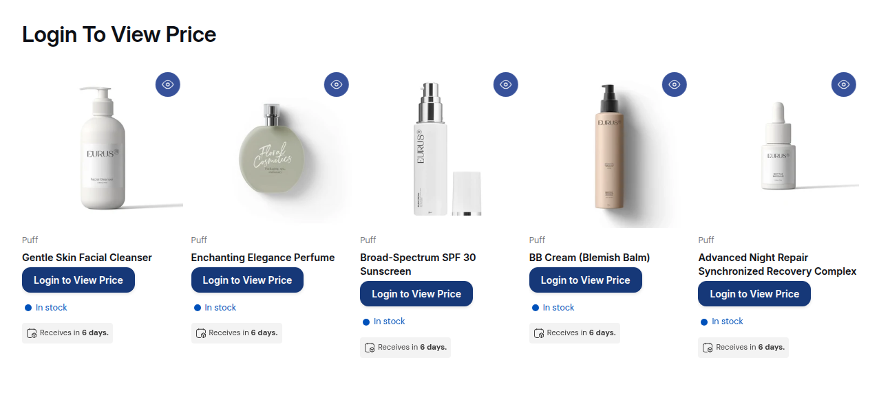 Example storefront with a Login to View Price button replacing prices on product cards