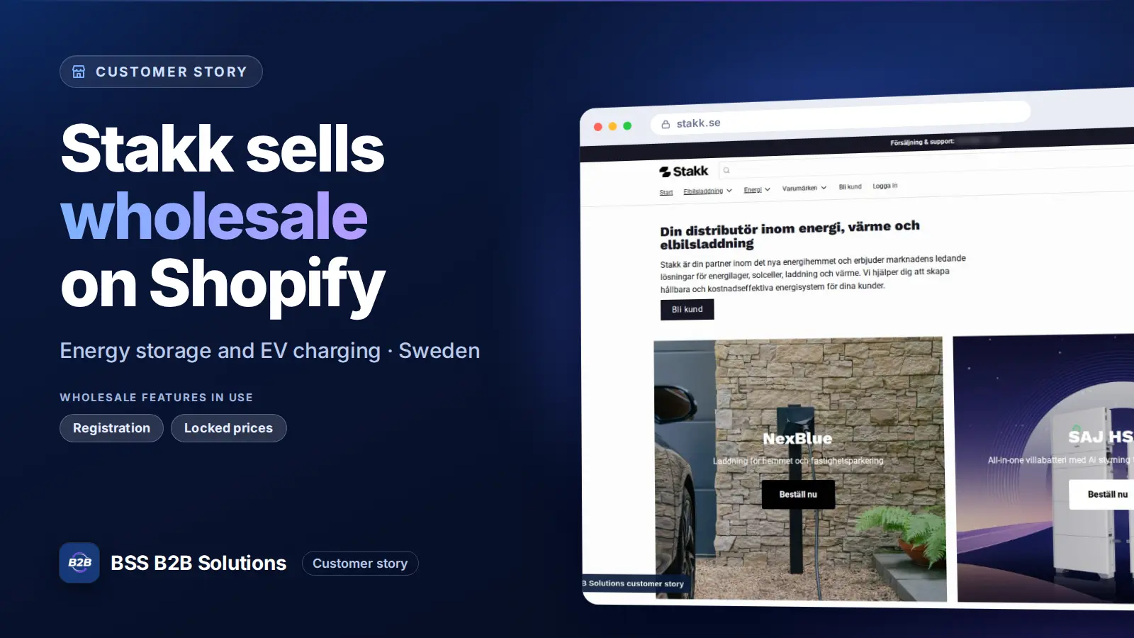 Browser window showing the merchant storefront, Stakk sells wholesale on Shopify. Cover for: Stakk: How a Swedish Energy Distributor Sells to Installers on Shopify