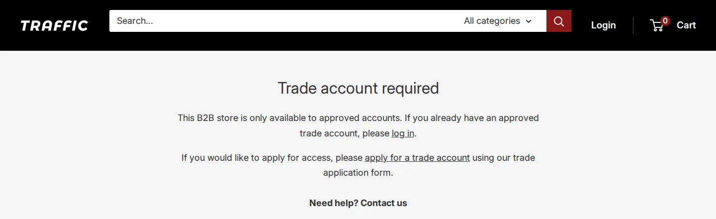 Traffic Distribution store showing a Trade account required message and links to log in or apply for a trade account
