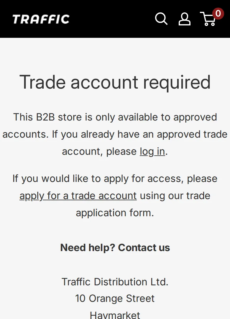 Trade account required message on a phone screen