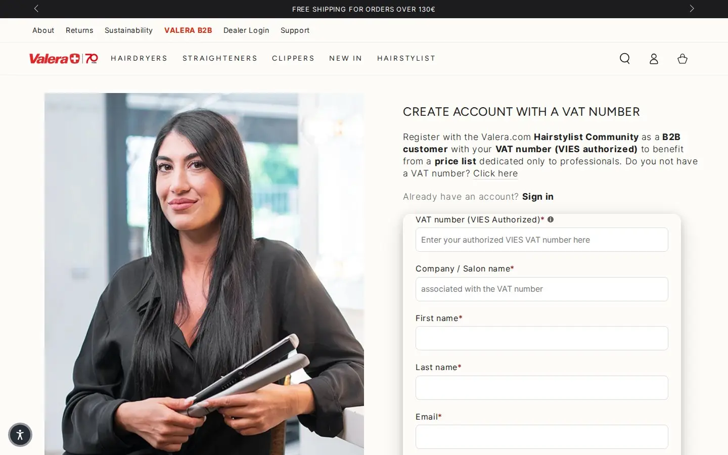 Valera.com page titled Create account with a VAT number, with fields for VAT number, company or salon name, first name, last name and email