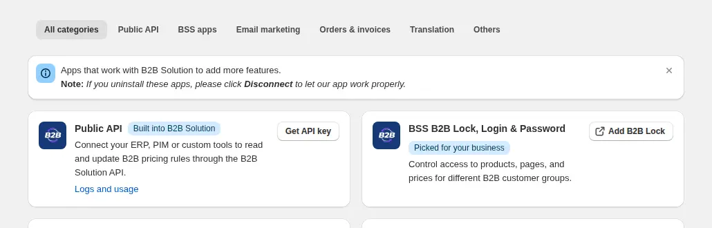 Integrations page in the BSS B2B Solution admin with the Public API card and its Get API key button
