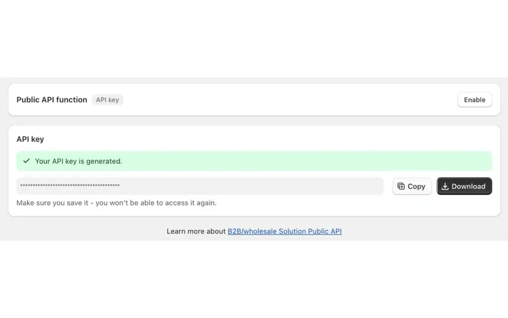 API key card in BSS B2B Solution right after a key is generated, with the key hidden and the Copy and Download buttons