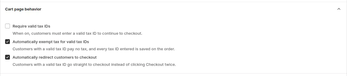 Cart page behavior section of the Tax Exempt module with the options Require valid tax IDs, Automatically exempt tax for valid tax IDs and Automatically redirect customers to checkout