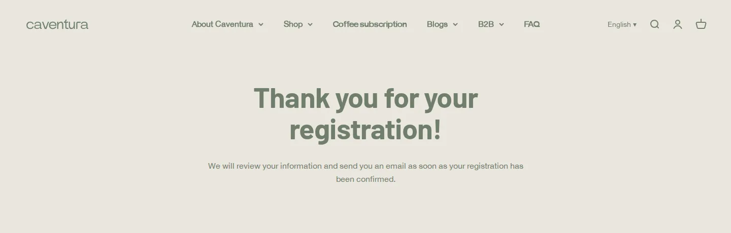 Caventura thank you page after B2B registration saying the application will be reviewed