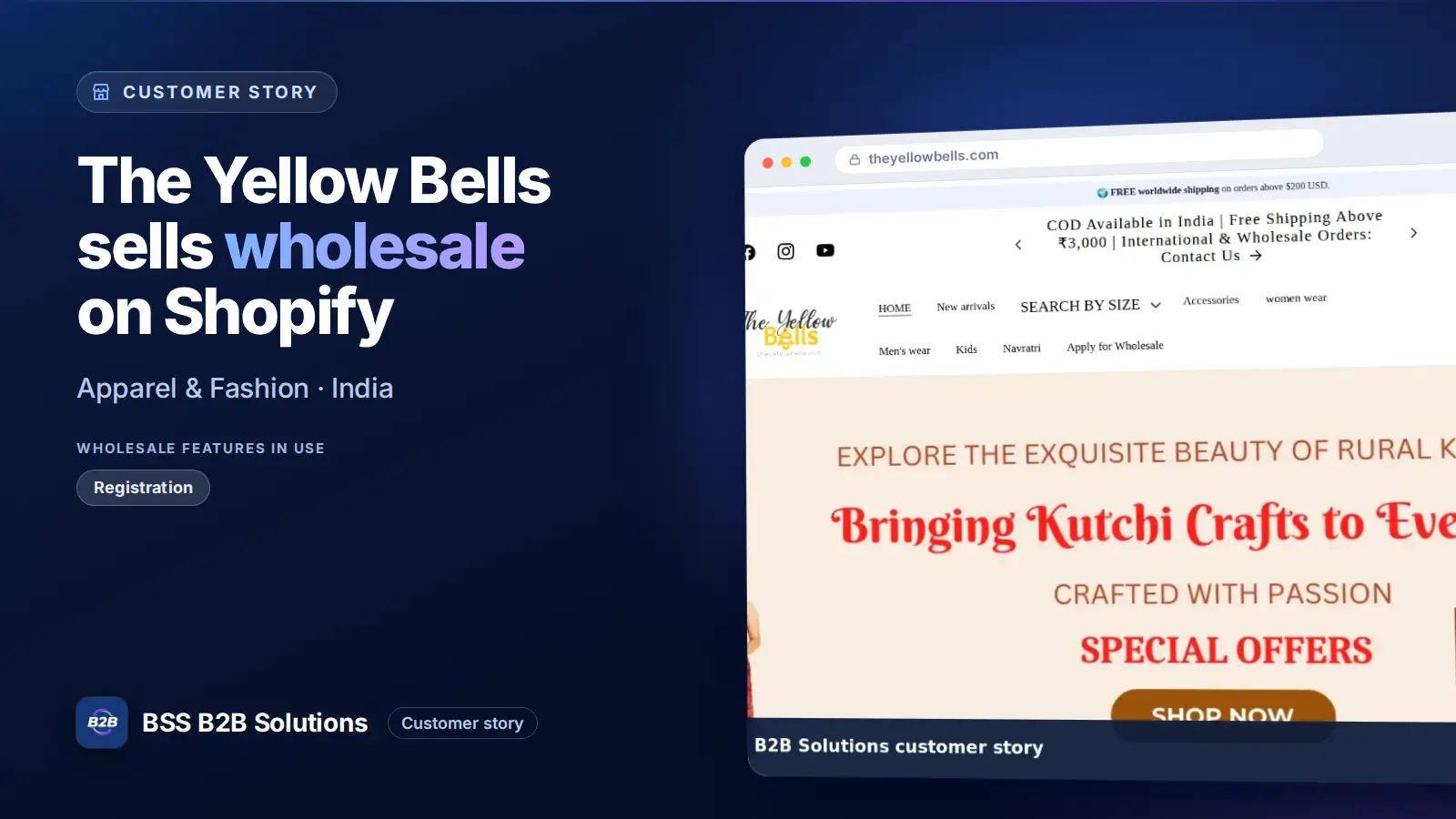 Browser window showing the merchant storefront, The Yellow Bells sells wholesale on Shopify. Cover for: The Yellow Bells: A Reseller Program for Indian Handmade Fashion on Shopify