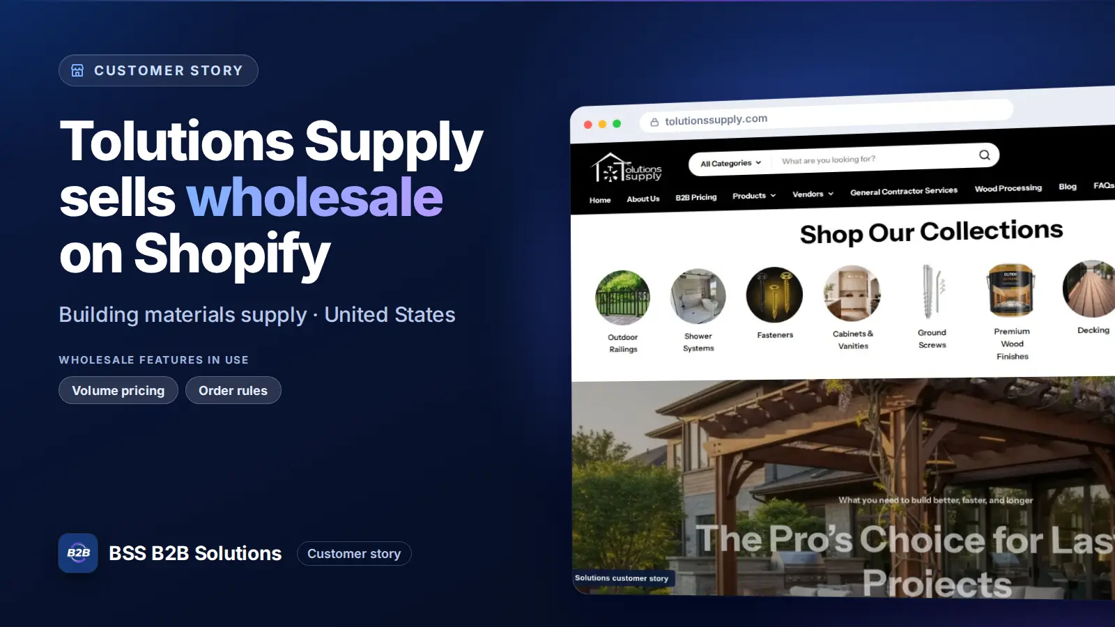 Browser window showing the merchant storefront, Tolutions Supply sells wholesale on Shopify. Cover for: Tolutions Supply: Contractor Pricing for Building Materials on Shopify