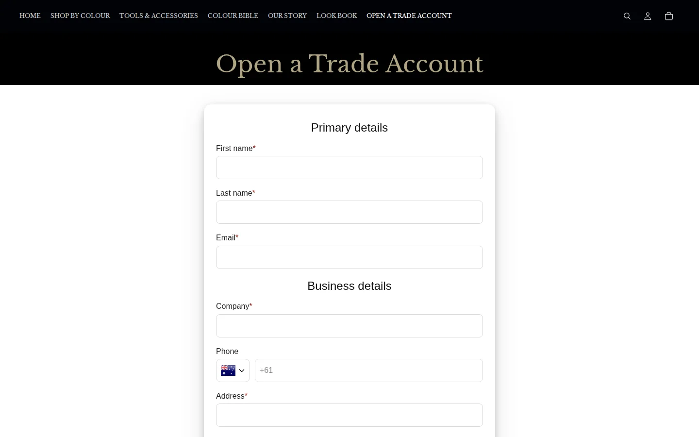Open a Trade Account page with a form headed Primary details