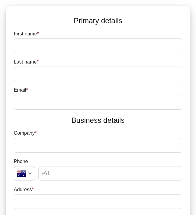 Trade account form with first name, last name, email, company, phone with Australian flag, and address fields