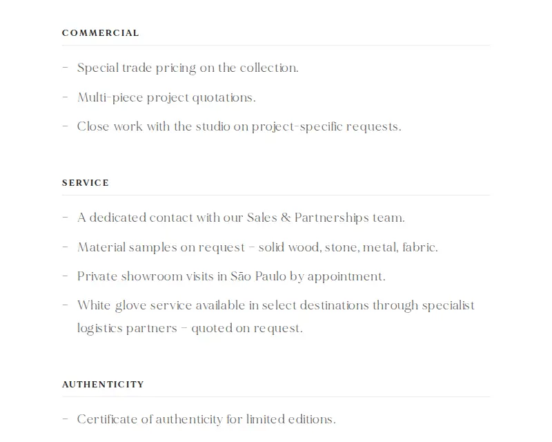Vasconcellos Studio Trade Program benefits listed under commercial, service and authenticity headings