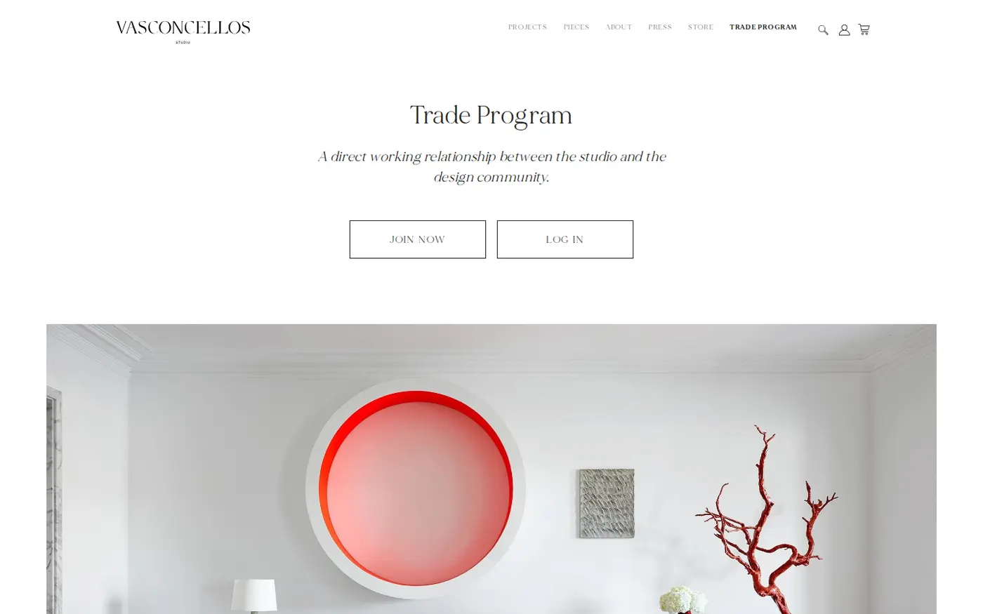 Vasconcellos Studio Trade Program page with Join now and Log in buttons for architects and interior designers