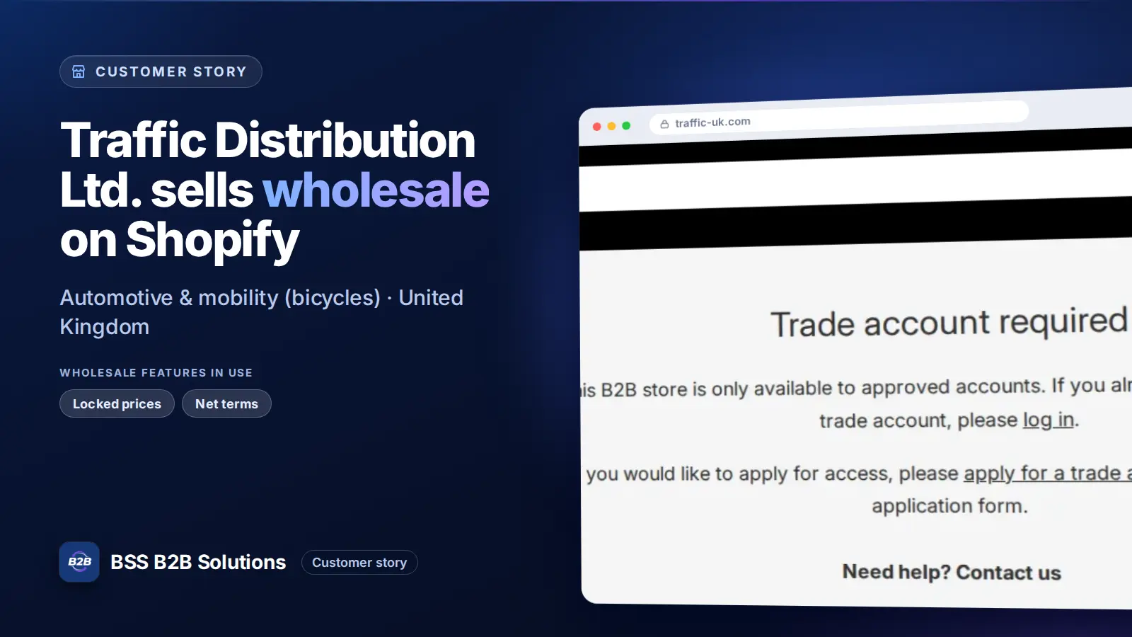 Browser window showing the merchant storefront, Traffic Distribution Ltd. sells wholesale on Shopify. Cover for: Traffic Distribution: How a UK Bike Distributor Locks Its Whole Shopify Store