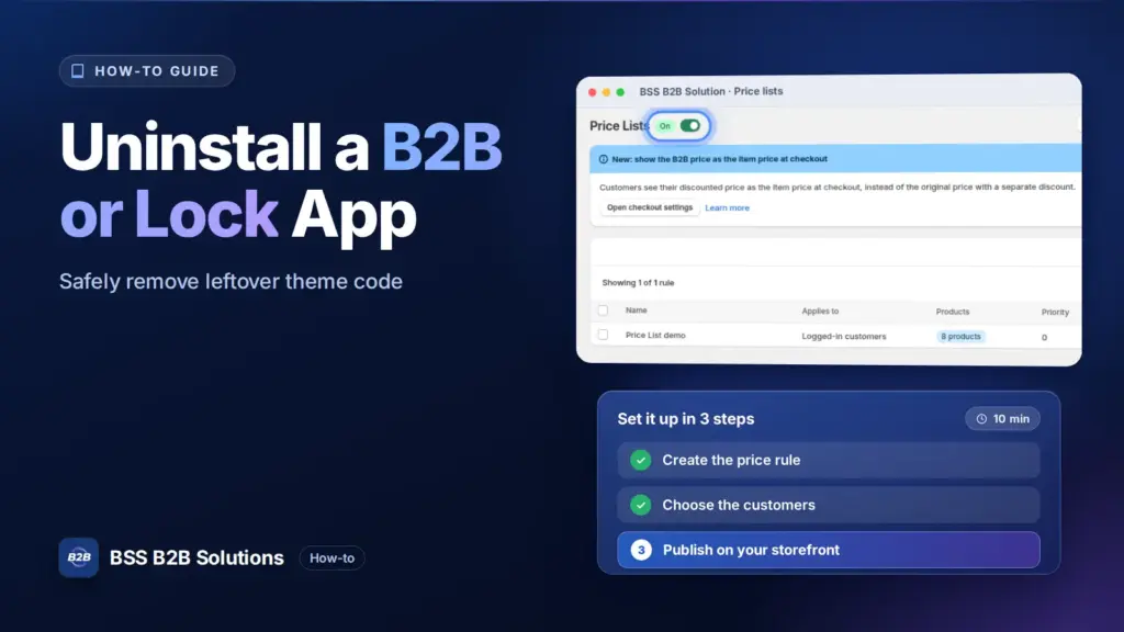 Price List der BSS B2B Solution im Admin-Bereich mit einer dreistufigen Checkliste. Titelbild zu: So deinstallieren Sie eine Shopify-B2B- oder Lock-App sicher: Reste im Theme-Code entfernen