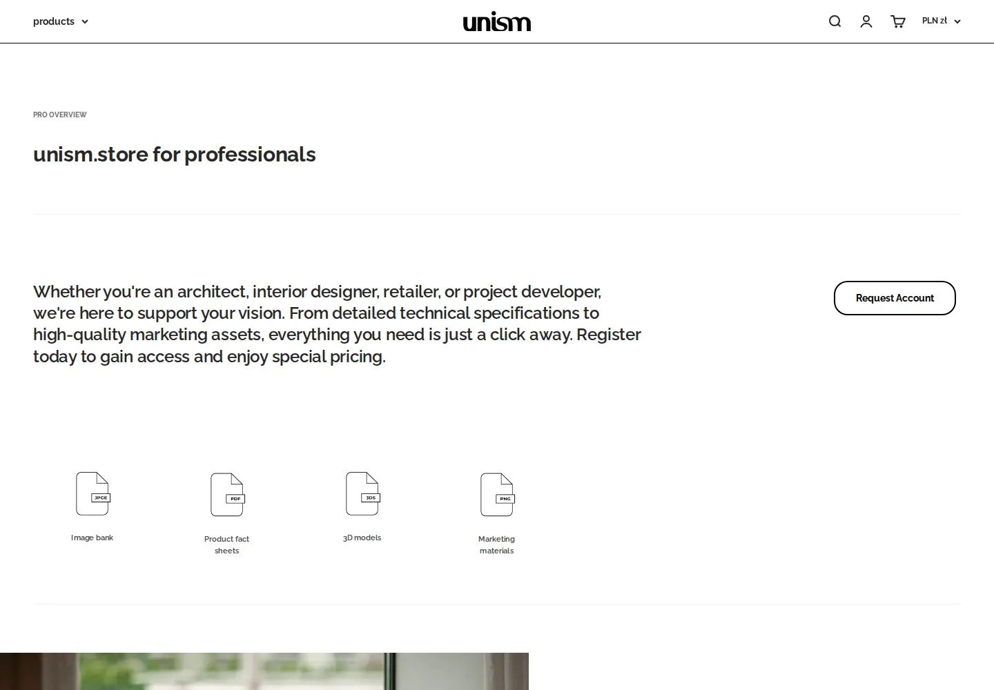 unism.store for professionals page with a Request Account button and icons for an image bank, product fact sheets, 3D models and marketing materials