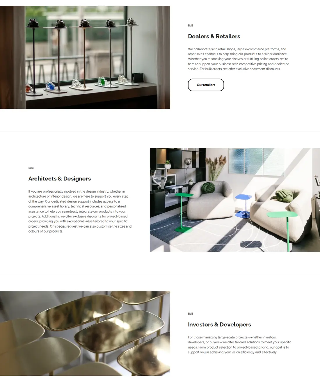 unism.store pro overview sections for Dealers and Retailers, Architects and Designers, and Investors and Developers, each with a short description of what they get