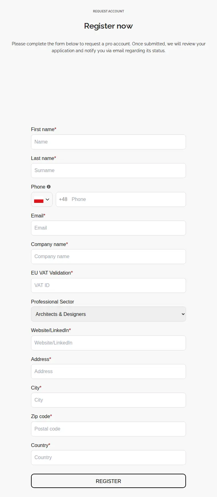 unism.store Register now form with name, phone, email, company, EU VAT validation, professional sector dropdown, website or LinkedIn and address fields