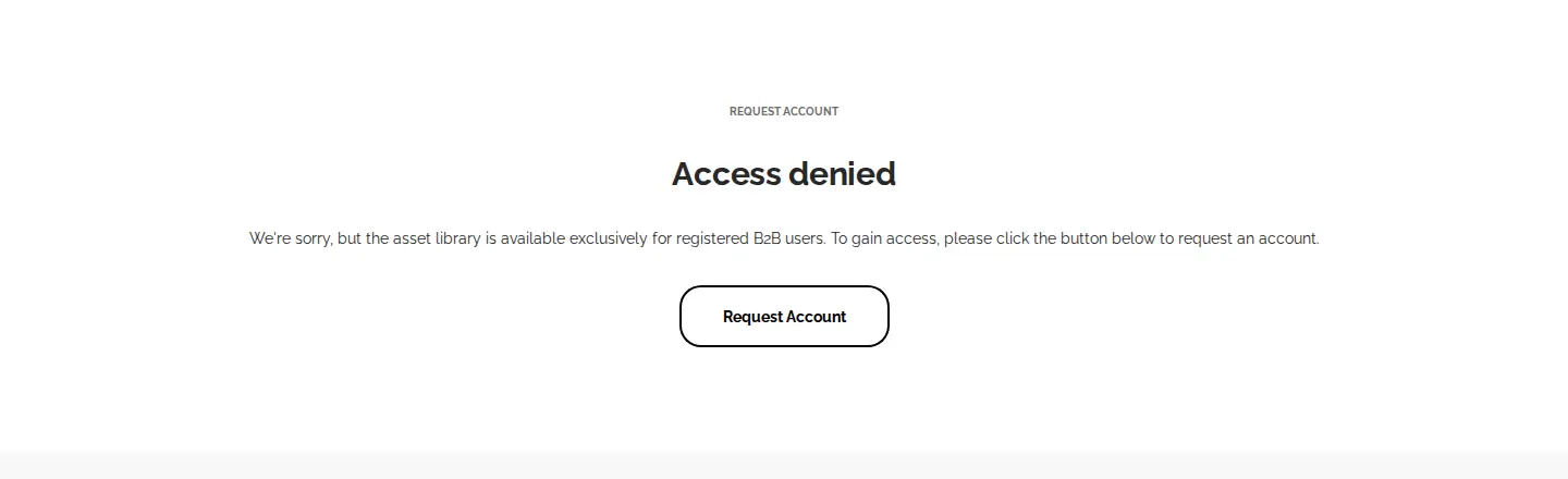 unism.store Access denied page explaining that the asset library is available exclusively for registered B2B users with a Request Account button