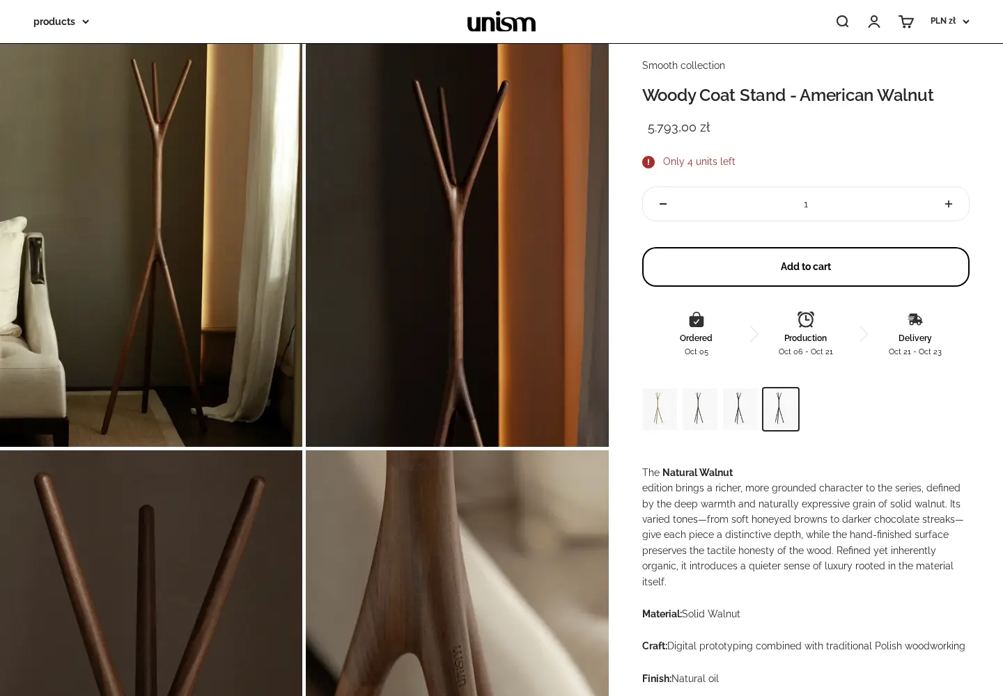unism.store product page for a walnut coat stand with a public price in zloty, Add to cart and an Ordered, Production, Delivery timeline