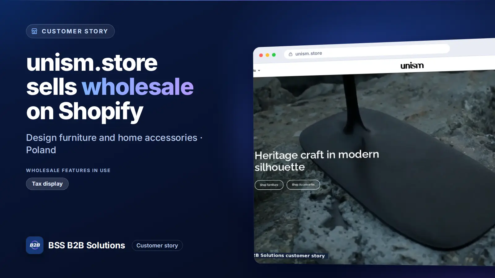 Browser window showing the merchant storefront, unism.store sells wholesale on Shopify. Cover for: unism.store: How a Warsaw Design Brand Runs a Professionals Program on Shopify