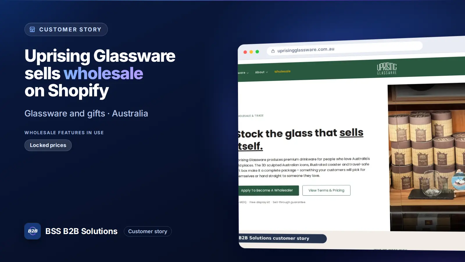 Browser window showing the merchant storefront, Uprising Glassware sells wholesale on Shopify. Cover for: Uprising Glassware: How an Australian Glassware Brand Sells Wholesale on Shopify