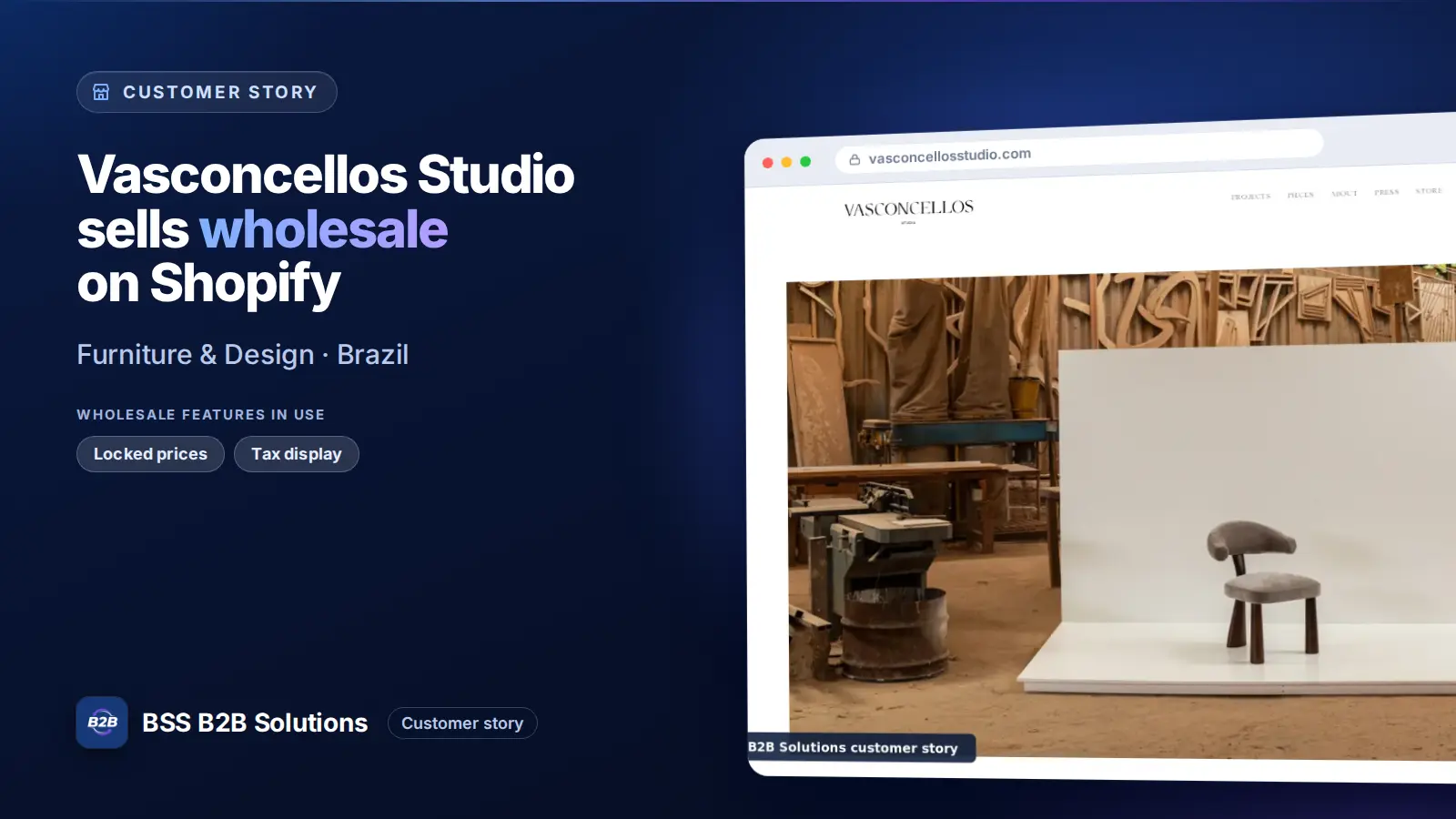 Browser window showing the merchant storefront, Vasconcellos Studio sells wholesale on Shopify. Cover for: Vasconcellos Studio: How a Brazilian design studio runs a trade program on Shopify