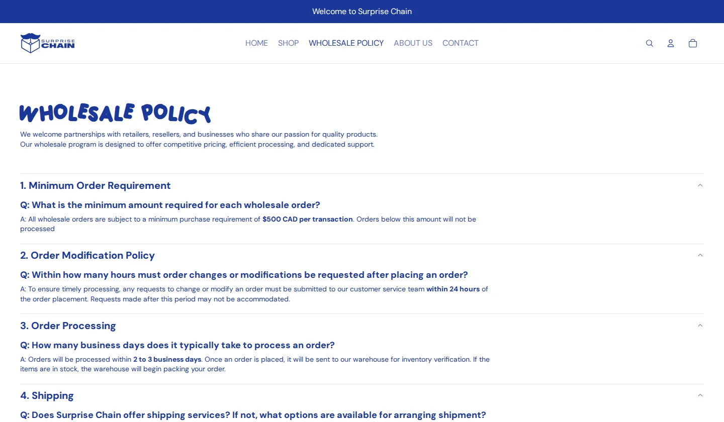 Wholesale Policy page with numbered questions on minimum order, order changes, processing and shipping